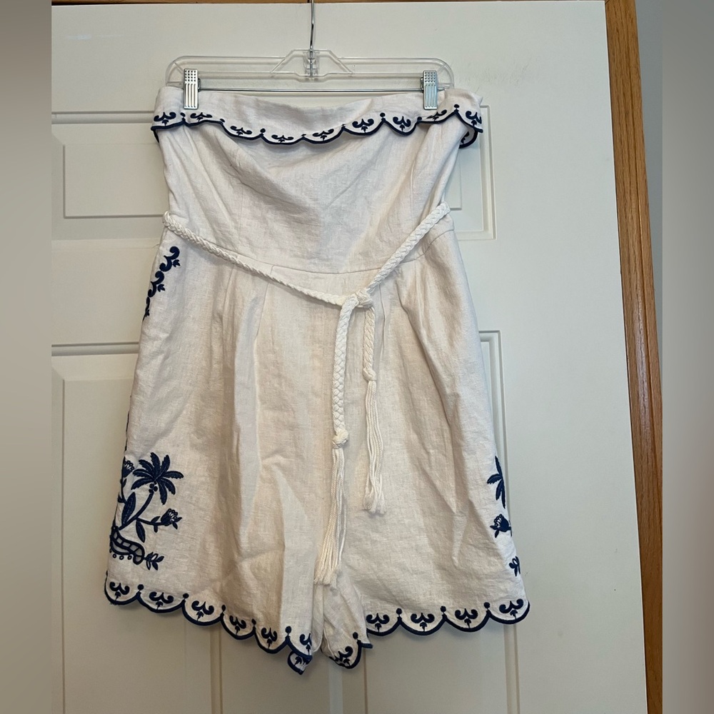 New Caroline Constas ivory blue linen strapless pockets lined romper. Medium